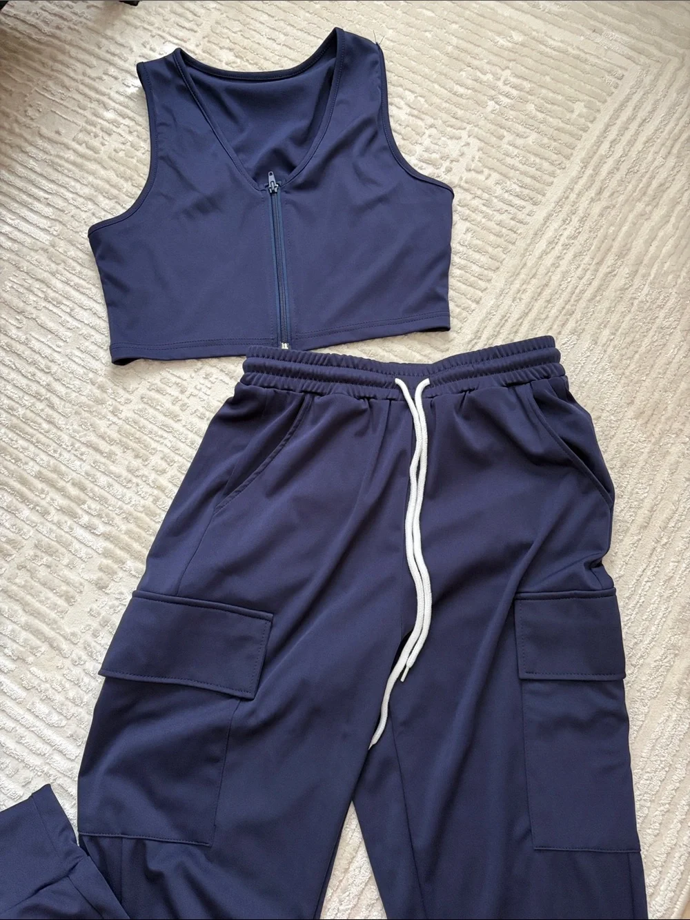 Navy Cargo Joggers with Matching Zip Crop Top Set